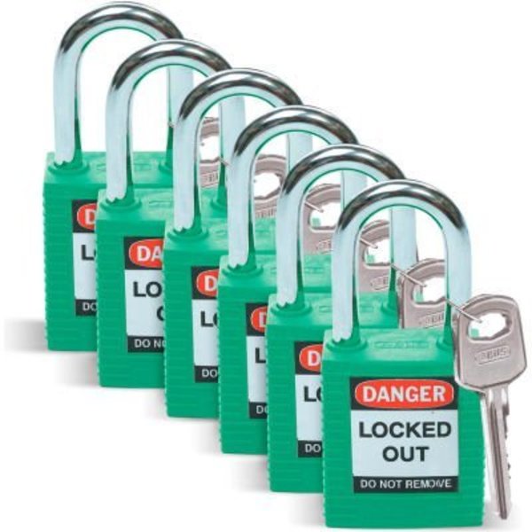 Brady BradyÂ Lockout Padlock, Keyed Differently, 1-1/2", Plastic/Steel, Green, 6/Pack 51345